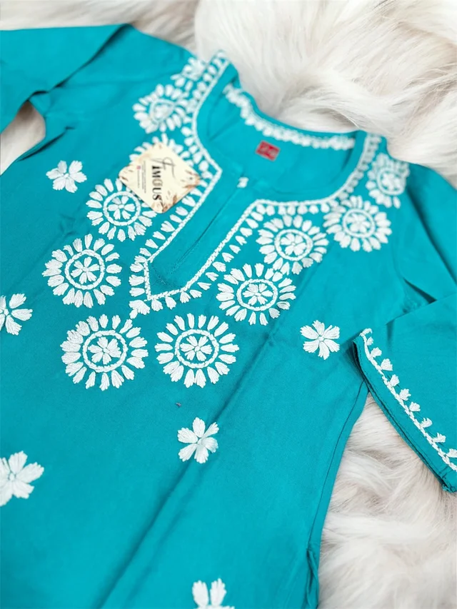 Firozi Blue Reyon Chikankari Kids Dress - Firozi Blue, 24