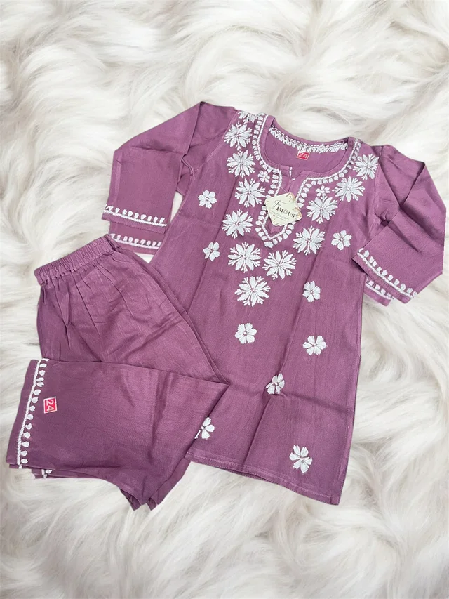 Dark Wine Reyon Chikankari Kids Dress - Dark Wine, 26