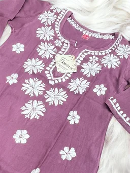 Dark Wine Reyon Chikankari Kids Dress - Dark Wine, 26