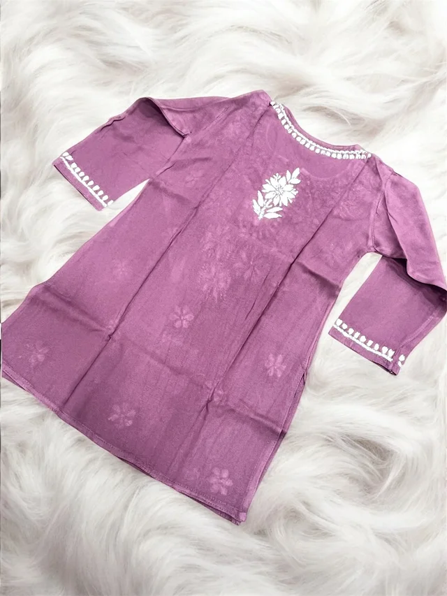 Dark Wine Reyon Chikankari Kids Dress - Dark Wine, 26