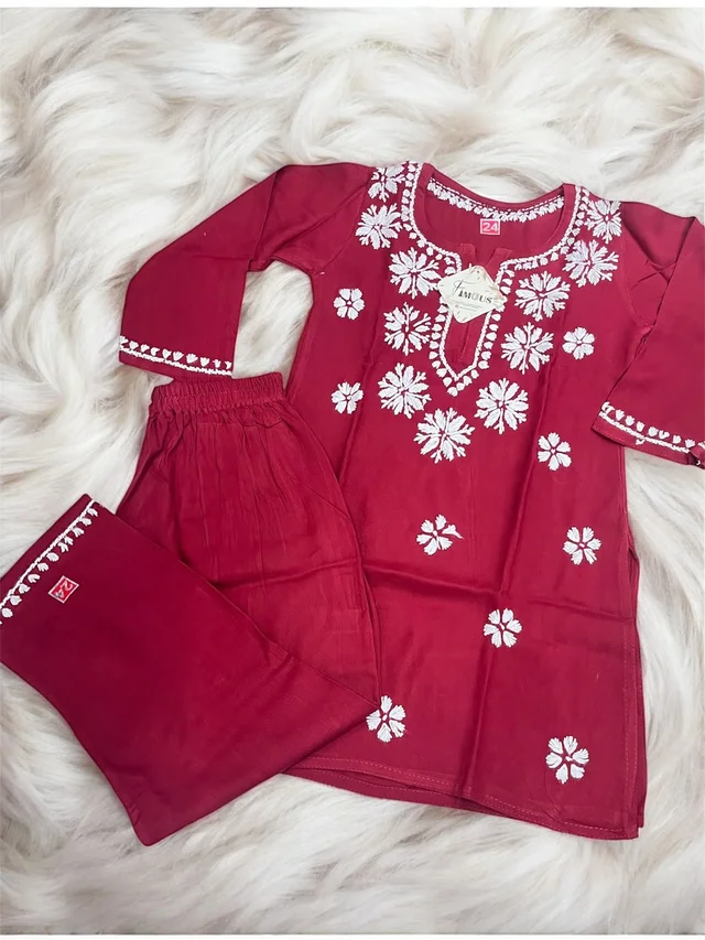 Maroon Reyon Chikankari Kids Dress - Maroon, 18