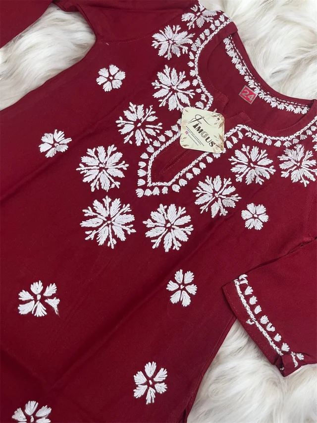 Maroon Reyon Chikankari Kids Dress - Maroon, 36