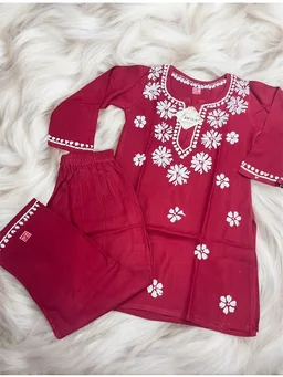 Maroon Reyon Chikankari Kids Dress - Maroon, 36