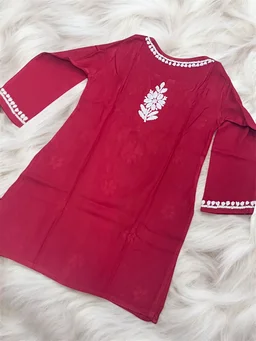 Maroon Reyon Chikankari Kids Dress - Maroon, 36