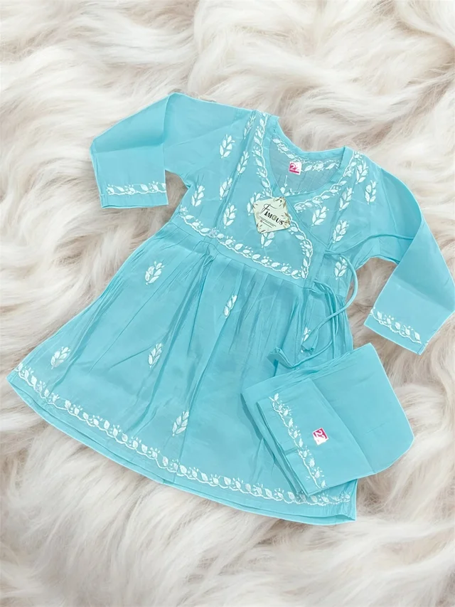 Turquoise Angarkha Style Chikankari Kids Dress - Turquoise, 20