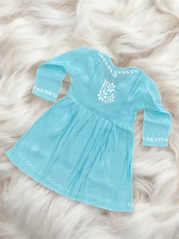 Turquoise Angarkha Style Chikankari Kids Dress - Turquoise, 20