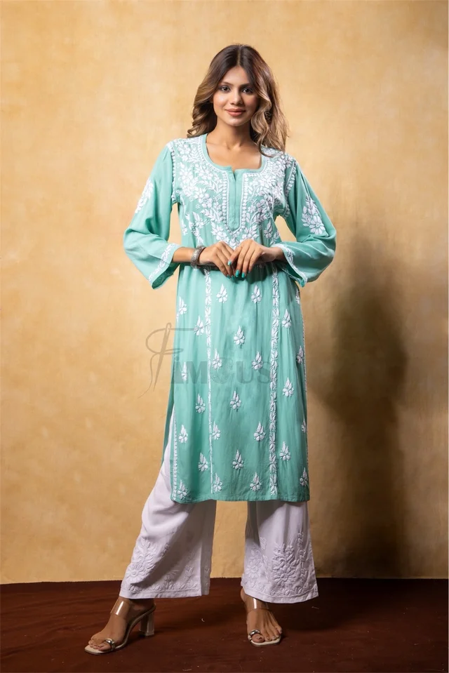 Sea Green Chikankari Kali Style Long Kurti - Sea Green, L(40)