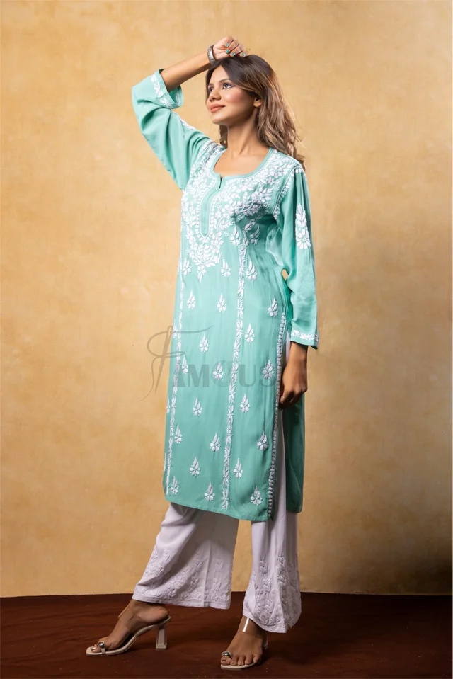 Sea Green Chikankari Kali Style Long Kurti - Sea Green, L(40)