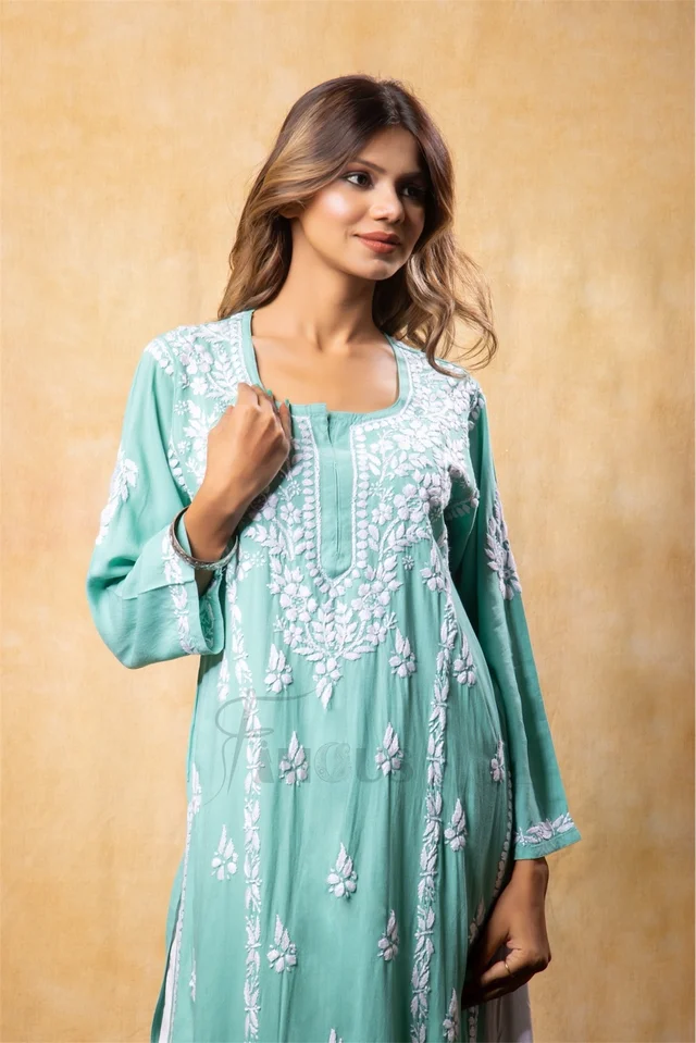Sea Green Chikankari Kali Style Long Kurti - Sea Green, L(40)