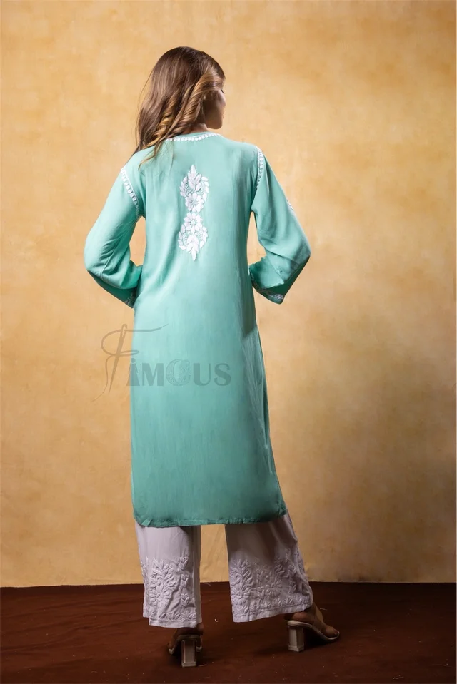 Sea Green Chikankari Kali Style Long Kurti - Sea Green, L(40)