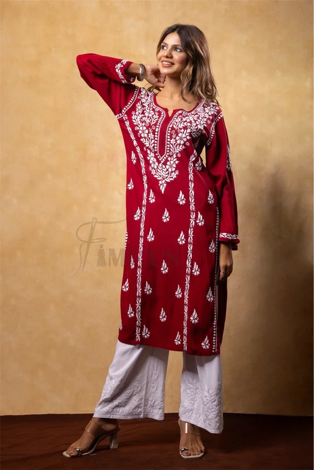 Maroon Chikankari Kali Style Long Kurti - Maroon, 3XL(46)