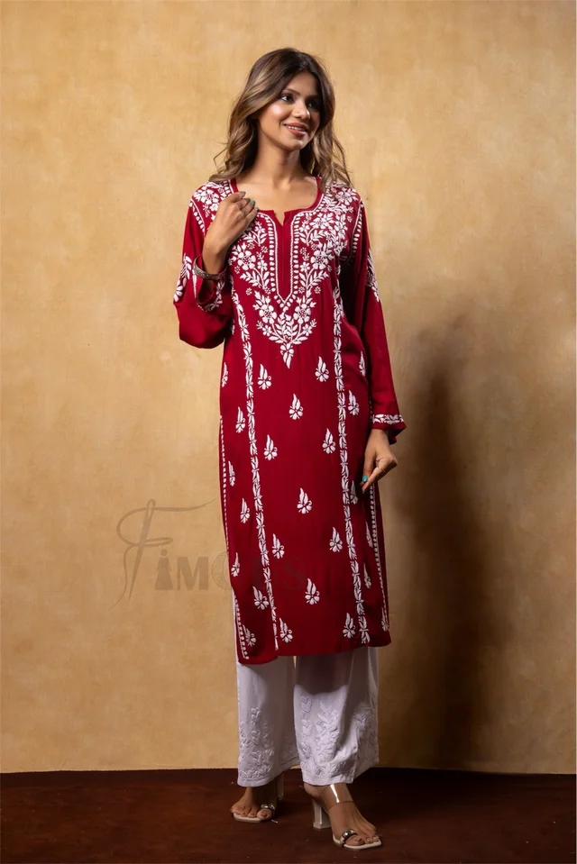 Maroon Chikankari Kali Style Long Kurti - Maroon, 3XL(46)