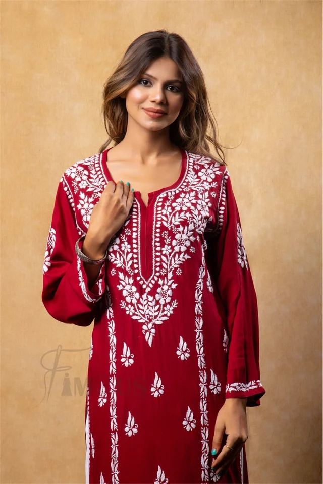 Maroon Chikankari Kali Style Long Kurti - Maroon, 3XL(46)