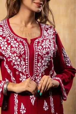 Maroon Chikankari Kali Style Long Kurti - Maroon, 3XL(46)