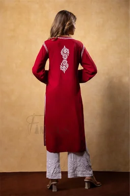 Maroon Chikankari Kali Style Long Kurti - Maroon, 3XL(46)