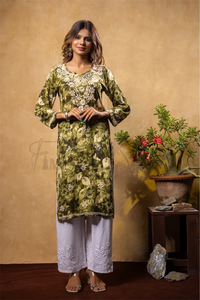 Reyon Gold Print Chikankari Straight Long Kurti- Mehndi Green - Mehndi Green, 3XL(46)