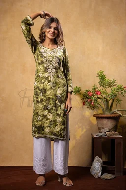 Reyon Gold Print Chikankari Straight Long Kurti- Mehndi Green - Mehndi Green, 3XL(46)