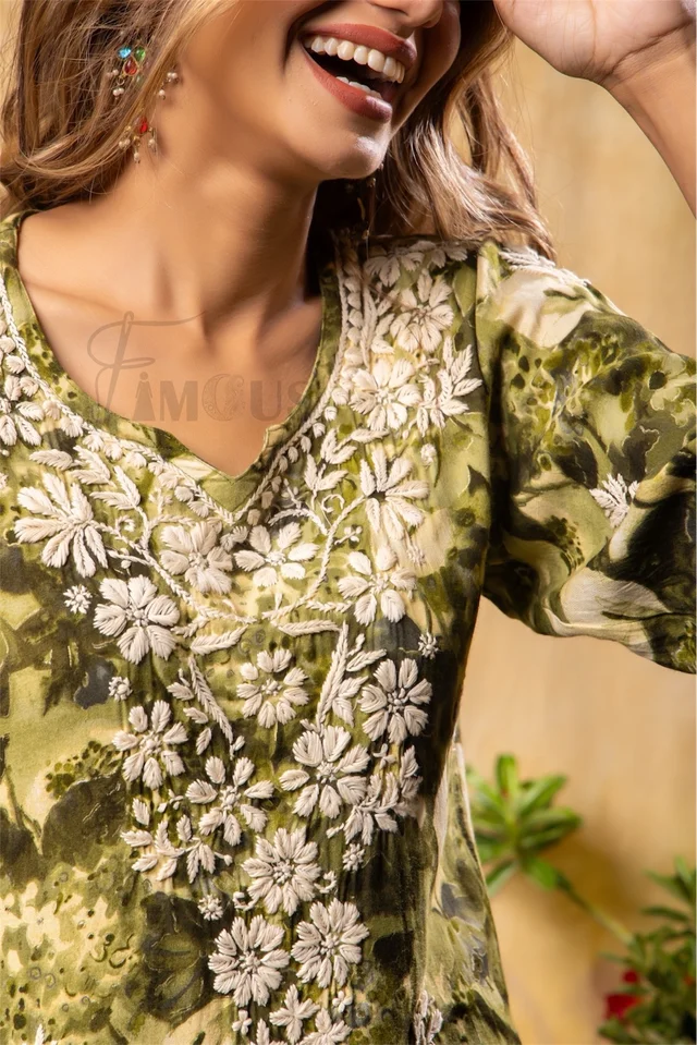 Reyon Gold Print Chikankari Straight Long Kurti- Mehndi Green - Mehndi Green, 3XL(46)