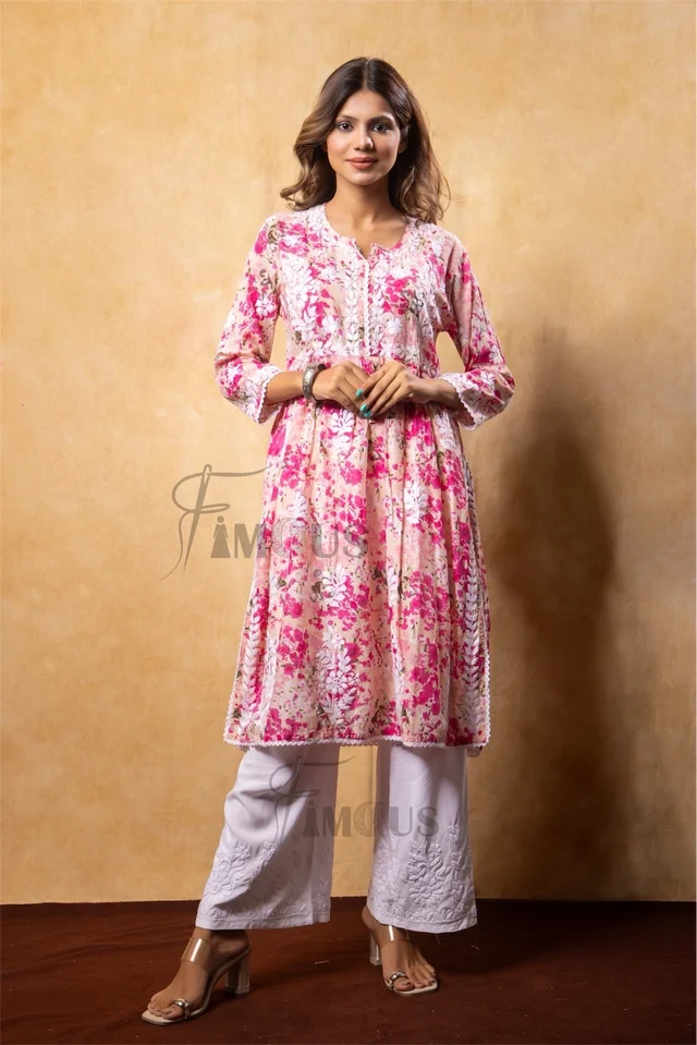 Pink Floral Print Chikankari Naira Kurti - Pink, L(40)