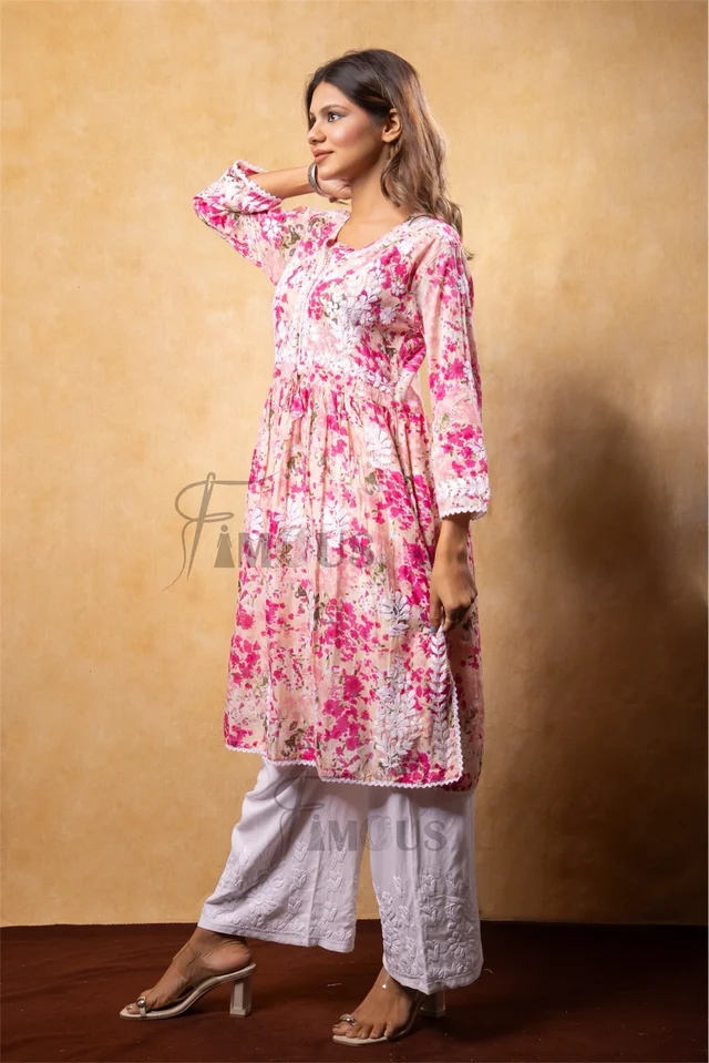 Pink Floral Print Chikankari Naira Kurti - Pink, L(40)