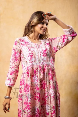 Pink Floral Print Chikankari Naira Kurti - Pink, L(40)