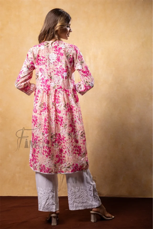 Pink Floral Print Chikankari Naira Kurti - Pink, L(40)