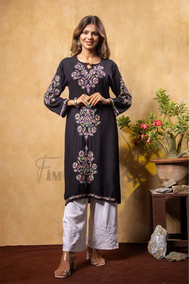 Nargis Chikankari Multi Embroidered Long Kurta - Black - Black, L(40)
