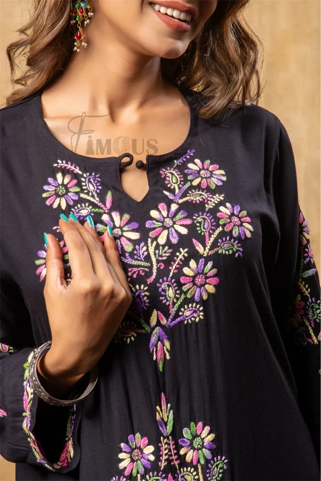 Nargis Chikankari Multi Embroidered Long Kurta - Black - Black, L(40)