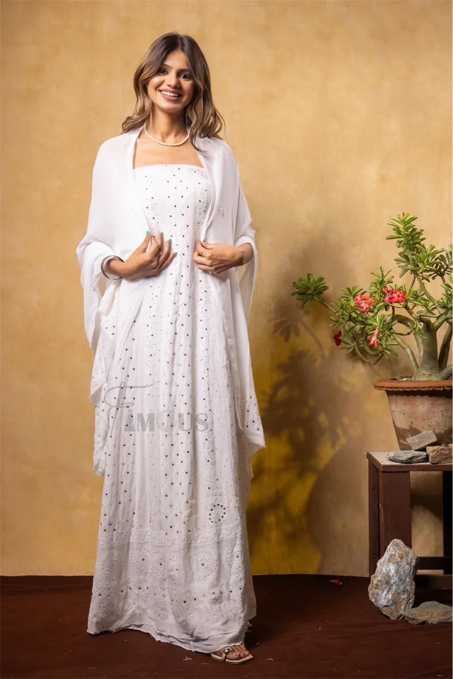 Premium Chikankari With Mukaish Anarkali And Dupatta Set - Semi Stiched