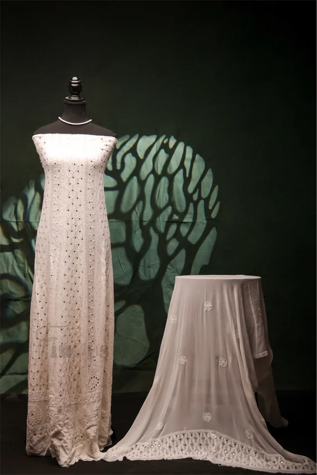 Premium Chikankari With Mukaish Anarkali And Dupatta Set - Semi Stiched