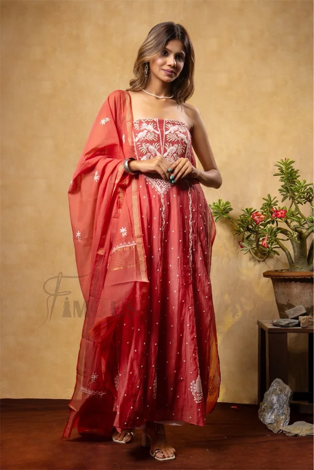 Rust Premium Chikankari Anarkali And Dupatta Set - Semi Stiched, Rust