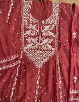 Rust Premium Chikankari Anarkali And Dupatta Set - Semi Stiched, Rust