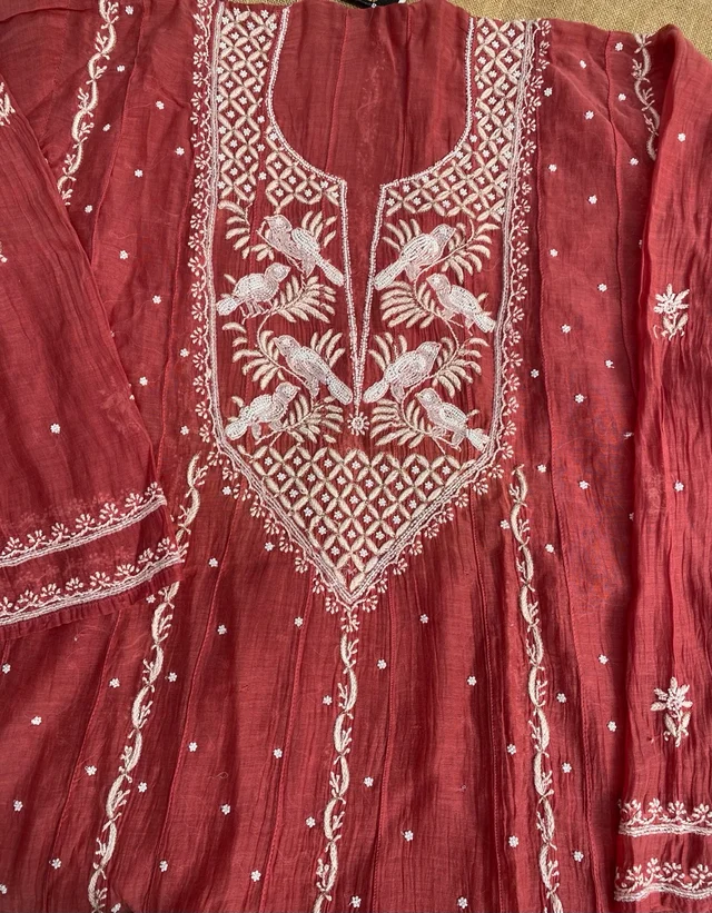 Rust Premium Chikankari Anarkali And Dupatta Set - Semi Stiched, Rust