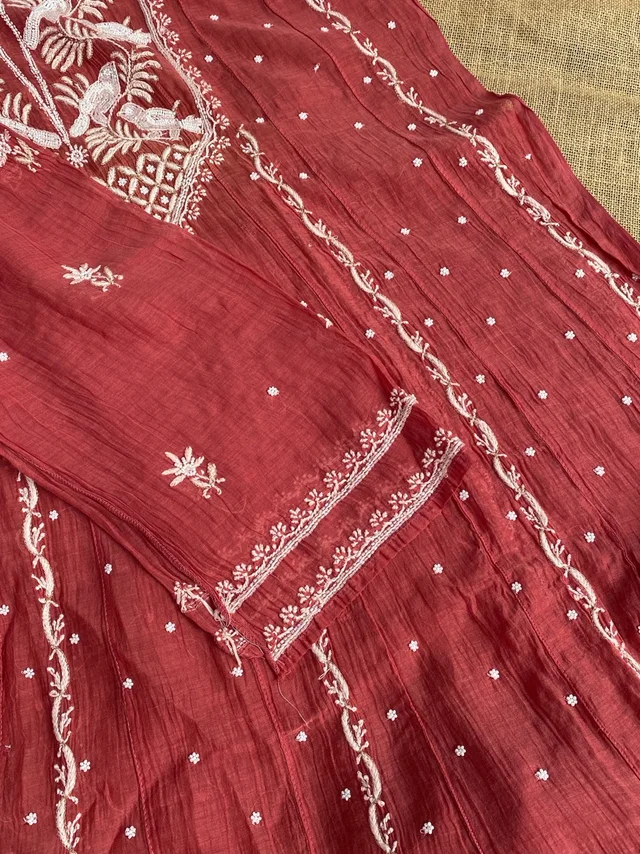 Rust Premium Chikankari Anarkali And Dupatta Set - Semi Stiched, Rust