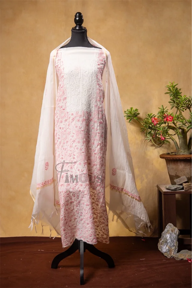Off White Chikankari Jaalwork Mul Chanderi Unstiched Dress - Unstiched, Off White