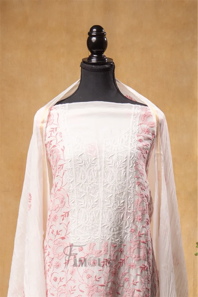 Off White Chikankari Jaalwork Mul Chanderi Unstiched Dress - Unstiched, Off White