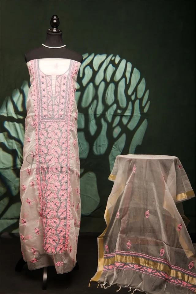 Premium Chikankari White And Pink Threads Kurta Dupatta Set - Unstiched