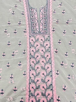 Premium Chikankari White And Pink Threads Kurta Dupatta Set - Unstiched