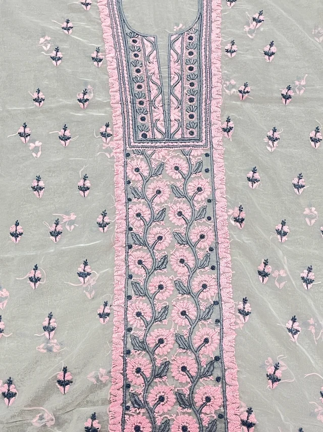 Premium Chikankari White And Pink Threads Kurta Dupatta Set - Unstiched