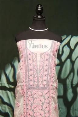 Premium Chikankari White And Pink Threads Kurta Dupatta Set - Unstiched