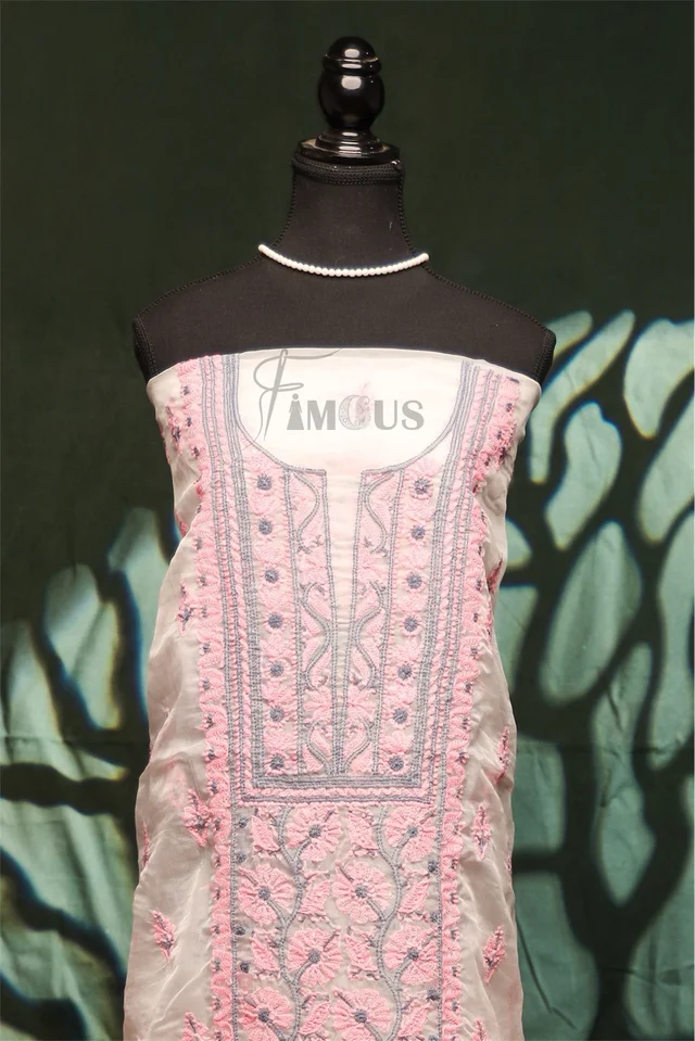 Premium Chikankari White And Pink Threads Kurta Dupatta Set - Unstiched
