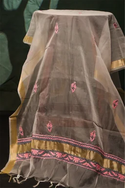 Premium Chikankari White And Pink Threads Kurta Dupatta Set - Unstiched