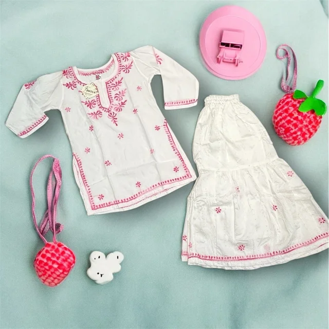 Kids Chikankari Kurti Gharara Set(Pink) - White, 24