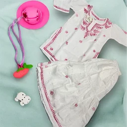 Kids Chikankari Kurti Gharara Set(Pink) - White, 34