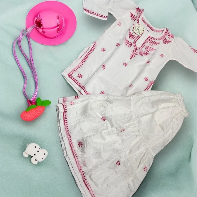 Kids Chikankari Kurti Gharara Set(Pink) - White, 34