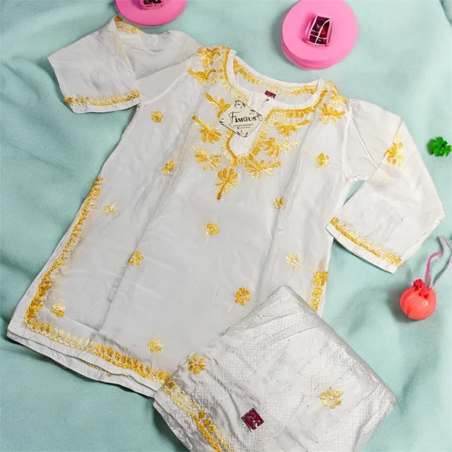 Kids Chikankari Kurti Gharara Set(Yellow) - White, 30