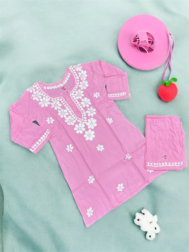 Pink Reyon Chikankari Kids Dress - 28, Pink