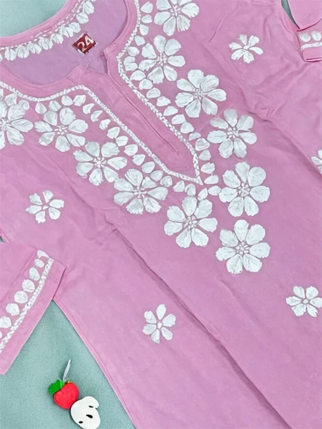 Pink Reyon Chikankari Kids Dress - 28, Pink