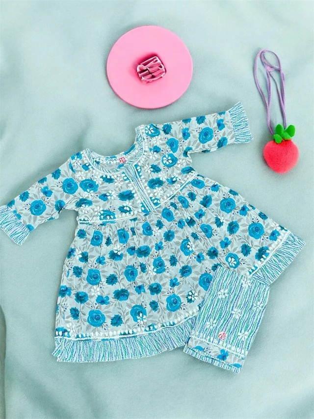 Kids Chikankari Co-ord Sets In Mulmul Print(Dark Blue) - 24, Dark Blue