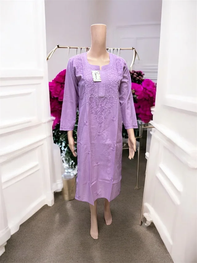 Purple Chikankari Kurti in Soft Mul Cotton - Purple, M(38)
